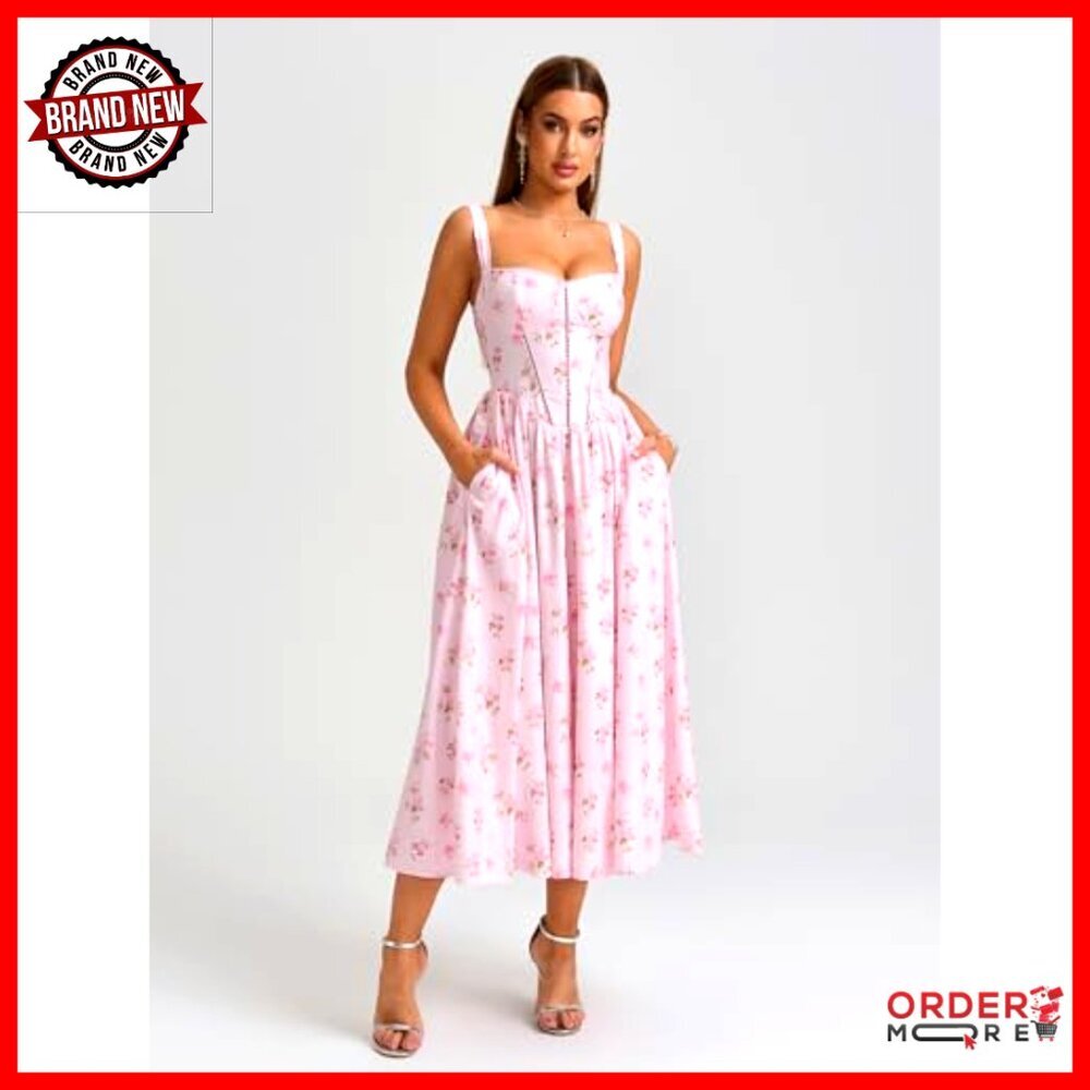 Floral Corset Midi Dress Boho Chic Wedding Guest Summer Dress with Pockets - Picture 2 of 6